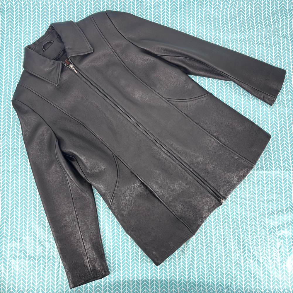 Danier Leather Brown Black Zipper Front Lined Car Coat with Pockets, Medium